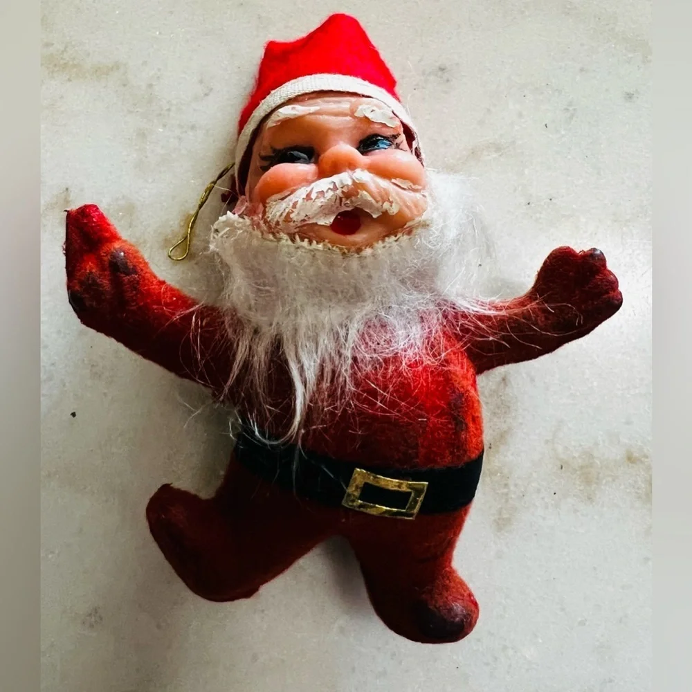 Vintage Mid Century Red Flocked Santa And Reindeer Christmas Tree Ornaments Set